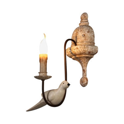 Distressed White 1/2-Bulb Wall Light Rural Wood Candle Style Wall Sconce with Bird Decor