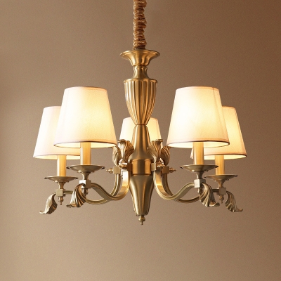 Fabric Cone Chandelier Lamp Antique Style 3/5/10-Light Dining Room Ceiling Pendant in Brass