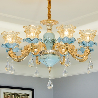 Gold 6/8/15-Light Ceiling Chandelier Traditional Clear Glass Floral Suspension Lamp with Crystal Droplet