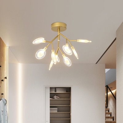 Gold Foliage Ceiling Light Fixture Contemporary 9-Bulb Acrylic Semi Flush Mount for Corridor