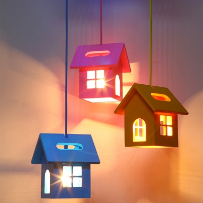 House Shaped Multi-Light Pendant Cartoon 3 Lights Nursery Hanging Ceiling Light in Blue