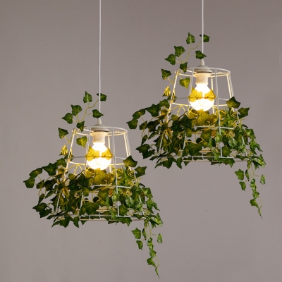 Iron White Pendant Lamp Tapered 1-Light Loft Style Ceiling Hang Light with Green Ivy Decor