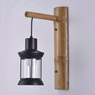 Kerosene Bistro Wall Bracket Lantern Rustic Clear Glass 1 Head Black/Bronze/Brass Wall Lamp with Bamboo Backplate