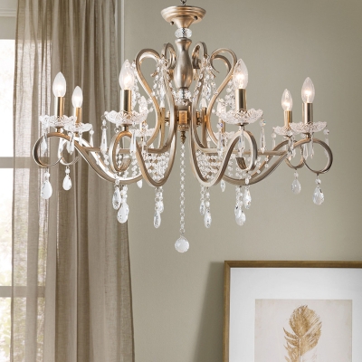 Nickel 6/8 Lights Chandelier Vintage Metal Candle Shaded/Shadeless Pendant Lamp with Scroll Arm and Crystal Drape