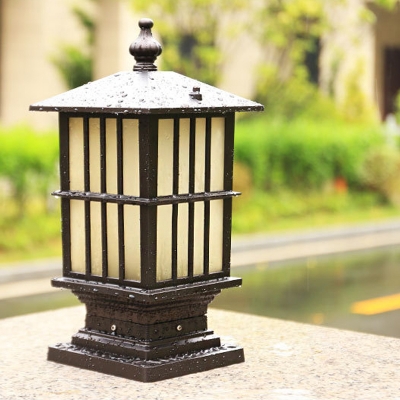 Rectangle Frosted Glass Post Lantern Rustic 1 Light Patio Pillar Lighting with Grille in Coffee