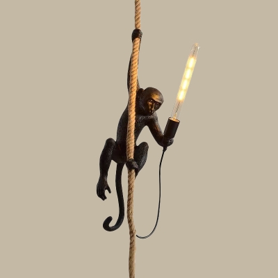 Resin Monkey Ceiling Hang Lamp Artistry 1 Head White/Black/Gold Pendant Light with Handmade Hemp Rope