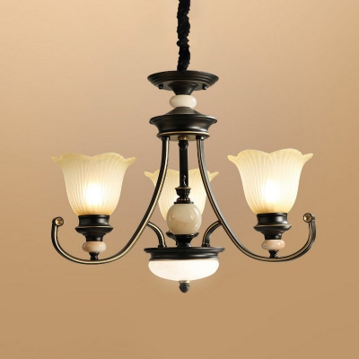 Semi-Opaque Glass Black Hanging Lamp Flower Shaped 3/6/12 Lights Rustic Chandelier Lamp