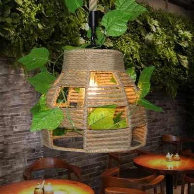 Single-Bulb Plant Pendant Light Kit Lodge Restaurant Hanging Lamp with Pot Rope Shade in Beige