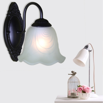Single-Bulb Wall Lamp Classic Bell/Floral/Square Frosted White Glass Wall Light Fixture in Black