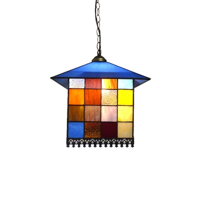 Single House Shaped Suspension Lamp Mediterranean Blue Mosaics Glass Down Lighting Pendant with Hanging Chain/Cord
