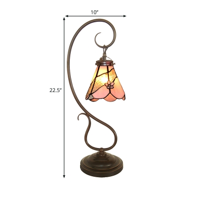 Single Night Table Lamp Tiffany Scalloped Pink and Water Glass Nightstand Light with Scrolling Arm
