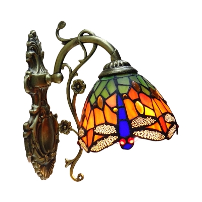 Stained Glass Blue/Orange Sconce Lamp Dragonfly 1-Bulb Tiffany Wall Mounted Light with Gem-Like Cabochon