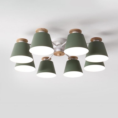 Tapered Iron Semi Flush Chandelier Macaron 6-Light Grey/Pink/Green and Wood Close to Ceiling Light