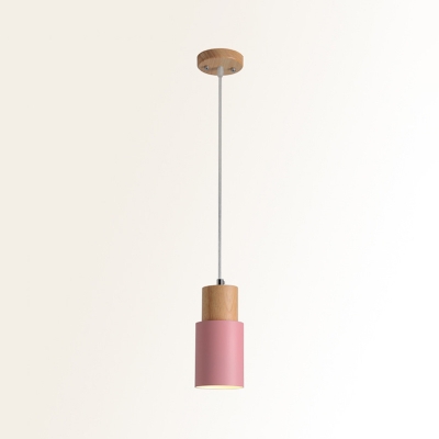 Tube Bedside Down Lighting Pendant Metal Single Macaron Hanging Lamp in Black/White/Pink and Wood