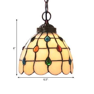 White Grid Glass Bell Hanging Light Tiffany 1 Head Copper Pendant Lighting with Cabochons Gemstone