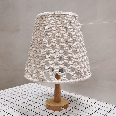 1 Bulb Cross-Woven Tapered Table Light Bohemian Yellow and Wood Roped Nightstand Lamp