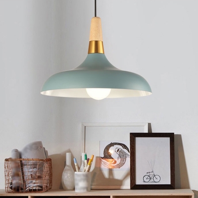 1-Light Living Room Pendant Lamp Macaron Black/White/Blue and Wood Hanging Light with Barn Metal Shade