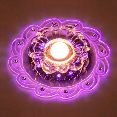 3/5w Peacock Tail Feather Flush Light Modern Clear Crystal Flower Bedroom LED Ceiling Mount Lamp in Purple/Blue/Multi-Color Light