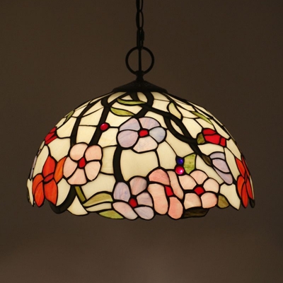 3 Bulbs Pendant Light Tiffany Morning Glory/Grape/Sunflower Patterned Dome Stained Glass Hanging Lamp in Black with/without Pull Chain