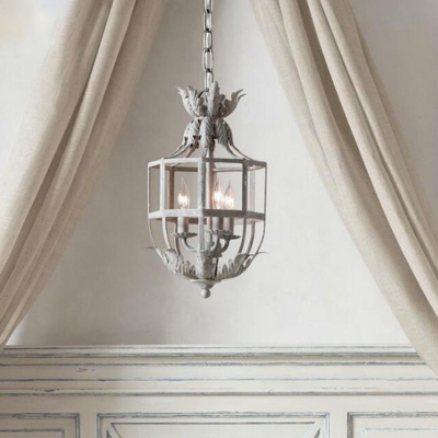 3-Head Wrought Iron Pendant Chandelier Farmhouse White/Grey Cage Bedroom Ceiling Suspension Lamp