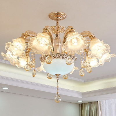 8/10/12 Lights Bedroom Chandelier Modern Gold Wall Lamp Fixture with Layered Ruffle Frosted Glass Shade and Crystal Deco