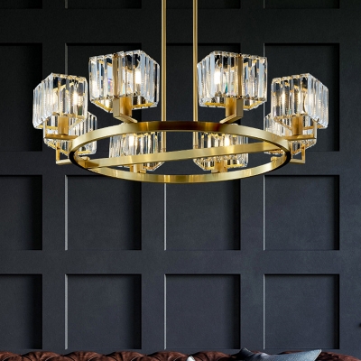Antiqued Gold Circle Chandelier Postmodern Crystal Rectangle 4/6/8-Bulb Bedroom Ceiling Suspension Lamp