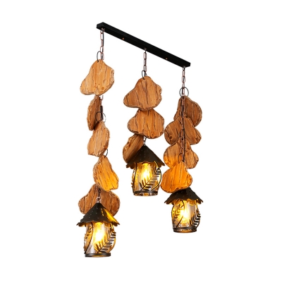 Arrow/Pear/Pole Wooden Chandelier Farmhouse 2/3 Lights Bistro Ceiling Pendant with Lantern Clear Glass Shade