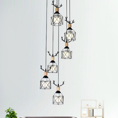 Black X-Cage Cluster Pendant Light Nordic 6/9 Bulbs Metal Hanging Ceiling Lamp with Antler Decoration