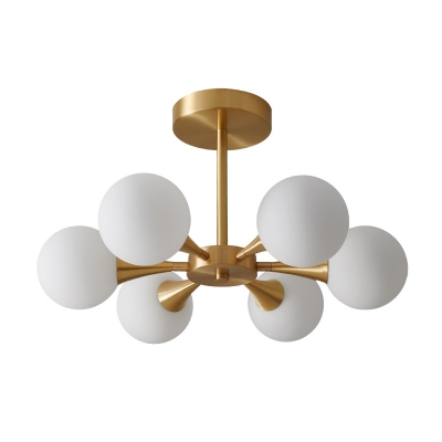 Brass Finish Radial Semi Mount Lighting Postmodern 4/6-Bulb Clear/Cream Ball Glass Close to Ceiling Light
