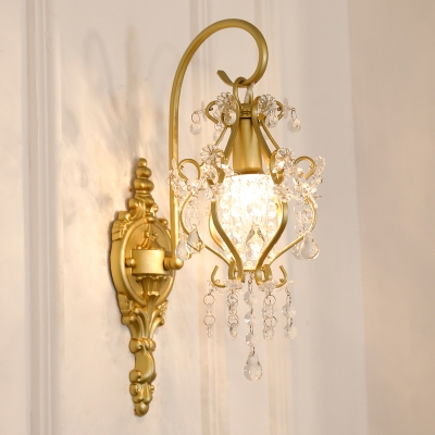 Brass Finish Scroll Wall Lighting Traditional Metal 1 Light Dining Room Wall Mount Lamp with Crystal Drop