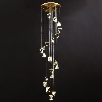 Brass Spiral Multi-Light Pendant Postmodern 10/15/20-Bulb Clear Crystal Triangle Hanging Lamp