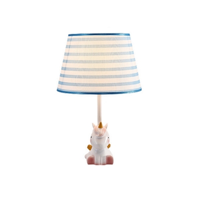 Cat/Bear/Elephant Child Room Night Lamp Resin 1 Head Cartoon Table Light with Tapered Fabric Shade in Beige/Blue-White