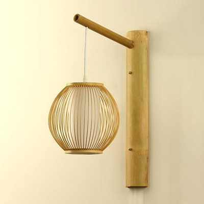 Chinese 1-Light Wall Mount Light Wood Oval/Column/Oblong Wall Hanging Lamp with Bamboo Shade for Corridor