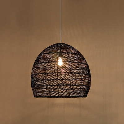 Cloche Shaped Corridor Pendulum Light Rattan 1 Bulb Asian Hanging Pendant in Black/Beige, 14