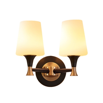Conical Living Room Wall Lamp Simple Opal Glass 1/2-Head Brass and Black Wall Light Fixture