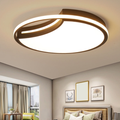 Crescent Bedroom Ceiling Mount Light Metal Minimalist LED Flush Light Fixture with Glow Hoop in Black, Warm/White Light