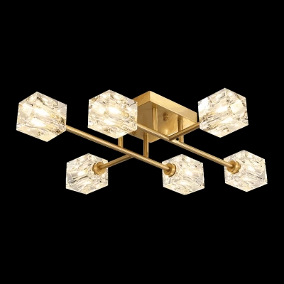 Crystal Brass Finish Semi Flush Light Cubic 4/6/16 Heads Postmodern Ceiling Mount Chandelier