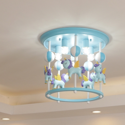 Cylindrical Carousel Flush Ceiling Light Cartoon Resin 6-Bulb Pink/Blue Flush Mount for Childrens Bedroom