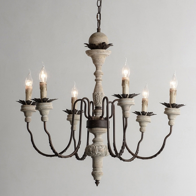 Distressed White Candelabrum Chandelier Lodge Wooden 6/8/15 Bulbs Hallway Hanging Light with Swoop Arm