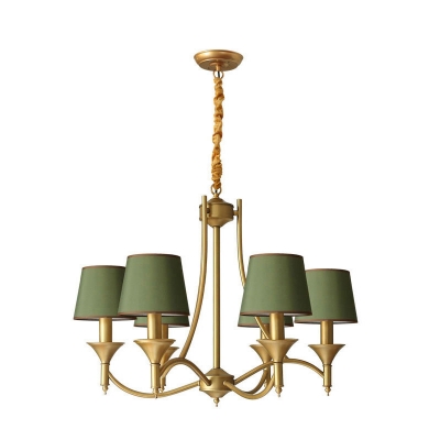 Fabric Blackish Green Chandelier 1/2-Tier Cone Shade 3/10/15 Lights Retro Hanging Lamp with Gold Arm