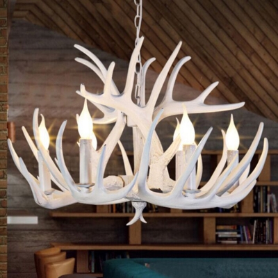 Farmhouse Antler Pendant Lighting 6/9-Bulb Resin Chandelier Lamp in White for Living Room