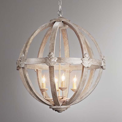 French Country Spherical Chandelier 4 Bulbs Wooden Ceiling Pendant Light in White/Distressed White