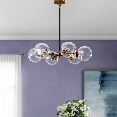 Gold-Black Burst Ball Pendant Lamp Postmodern 6-Bulb Clear/Smoke Grey Glass Chandelier Light