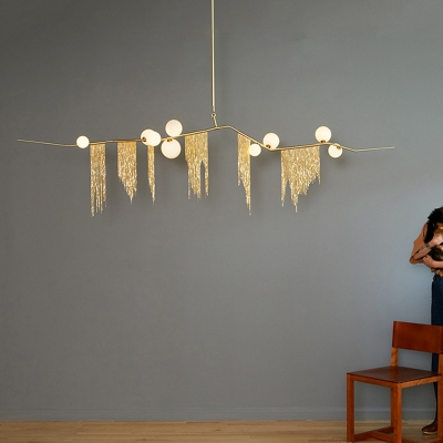 Gold Branch Hanging Light Fixture Postmodern 9-Light Frosted Ball Glass Chandelier with Chain Fringe