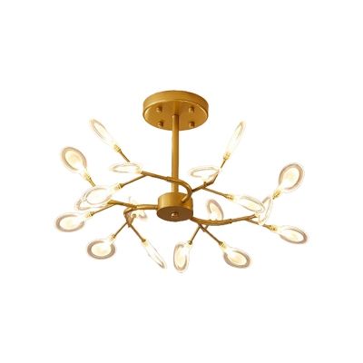 Gold Branching Ceiling Chandelier Modern 18/30-Light Metal Firefly Hanging Lamp with Clear/Smoke Grey Acrylic Shade
