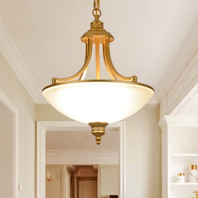 Ivory Glass Bowl Ceiling Chandelier Traditional 3 Lights Bedroom Suspension Pendant in Black/Gold