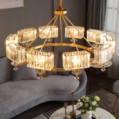 Mid-Century Circular Chandelier Crystal Block 3/6/8-Bulb Living Room Hanging Pendant Light in Gold