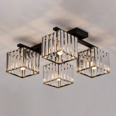 Prismatic Crystal Cube Ceiling Lamp Postmodern 4/6/9-Light Flush Mount Lighting Fixture in Black/Gold