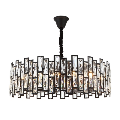 Rectangular-Cut Crystal Round Drop Lamp Postmodern Style 8/12/14-Light Black Ceiling Chandelier, 19.5