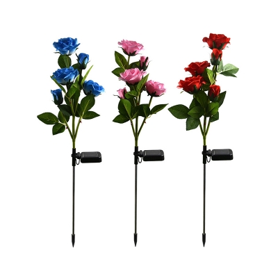 Rose Outdoor LED Stake Lighting Plastic 3-Bulb Modern Solar Pathway Lamp in Red/Pink/Blue, 1 Piece